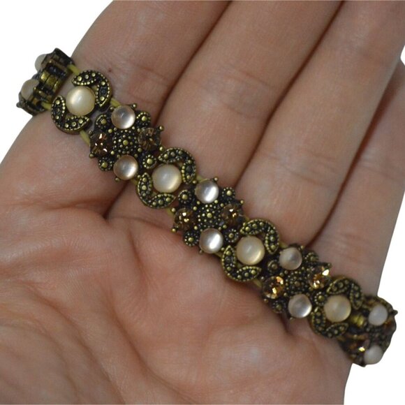 Beaded Boho Gold Cream Black Elastic Bracelet - Picture 2 of 4